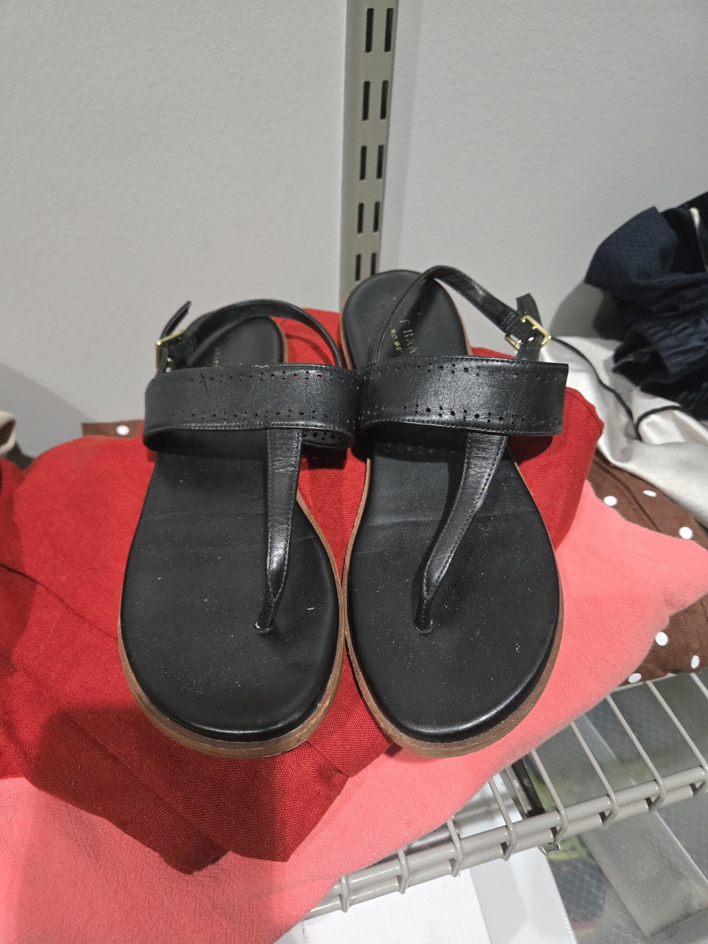 Cole Haan Black Leather T-Strap Sandals with Brown Sole